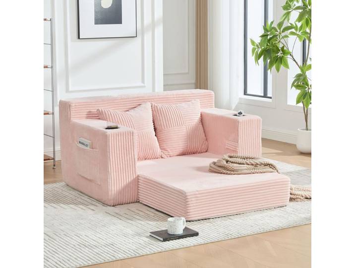 Lit double canapé-lit moderne est un canapé double confortable en cachemire équipé de deux oreillers et un porte-gobelets Rose