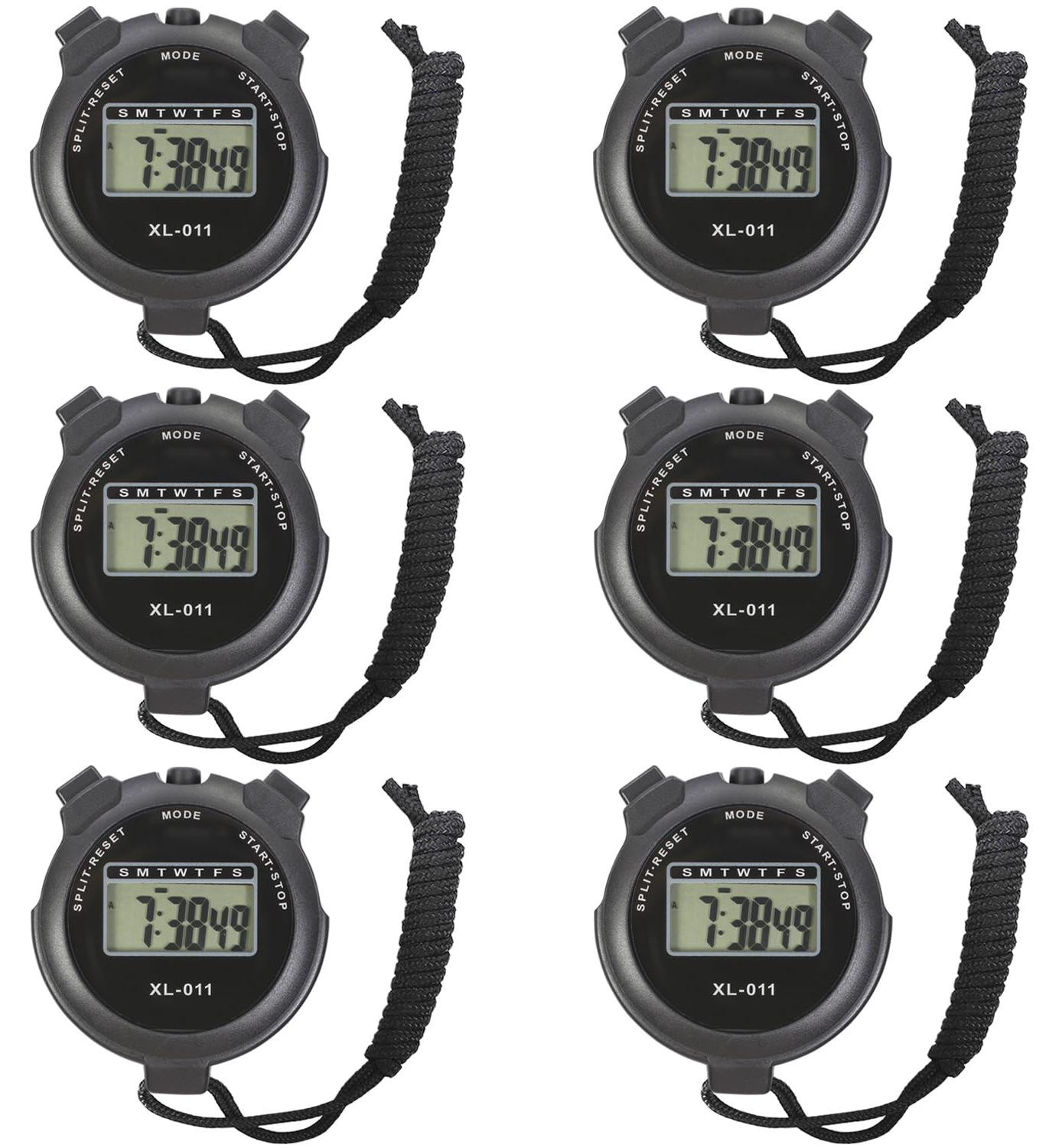 Dripio 6-delige set digitale sportstopwatches met groot display en alarm, zwart