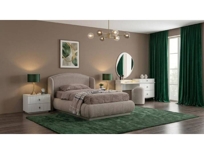 JVmoebel Schlafzimmer-Set Schlafzimmer Set Bett Nachttisch Kommode Spiegel Sitzhocker, (6-tlg., 6-tlg)