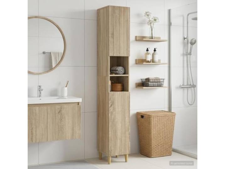 YUTAASU Badezimmerschrank Mit Offenem Regal ARNHEM Sonoma-Eiche Feuchtigkeitsbestaendig, Umkehrbare Tuer, Mehrere Regale, Modernes Design