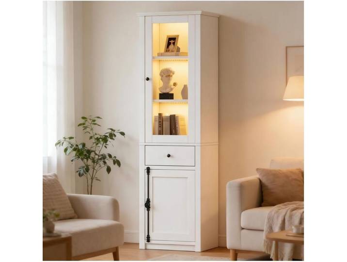 WOVREO Vitrine haute 55 x 40 x 200 cm avec LED USB 1 tiroir 2 portes verre et panneaux de particules blanc
