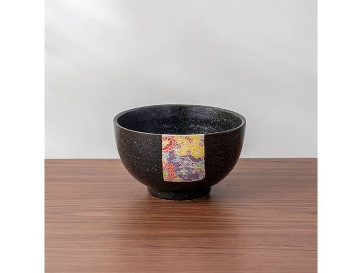MINOYAKI, Bol à matcha japonais Chawan, Bol à thé en céramique avec glaçure Tenmoku à taches d'huile noires, Motif floral Hagi Kyo-Yuzen violet et bleu, Lot de 1