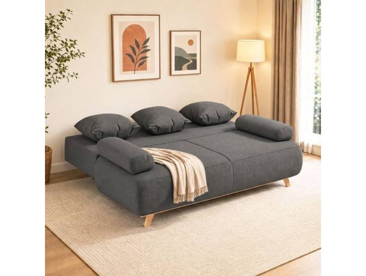 Canapé convertible droit EVRYAE gris en cord rangement intégré lit d'appoint structure bois