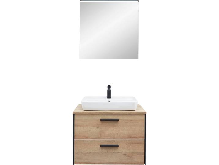 Badmöbel-Set SAPHIR Quickset 395 2-teilig, Keramik-Aufsatzbecken mit LED-Spiegel , braun, Riviera Eiche quer Nachbildungmit schwarzem L-Profil vorne, Kastenmöbel-Sets, Badmöbel-Set, Waschplatz 73 cm breit, 2 Schubladen, Waschtischplatte, Bad-Set