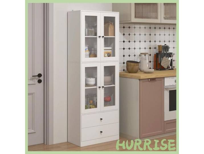 Cocosity Buffet Haut Cuisine Armoire De Cuisine Avec Portes Vitrées Tiroirs Et Étagères Réglables 59X30X170Cm Blanc Brillant