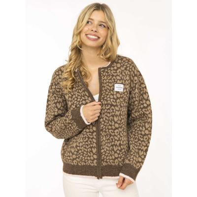 Strickjacke ZWILLINGSHERZ "Leo & Patch", Damen, Gr. S/M, braun, Grobstrick, Obermaterial: 68% Polyester, 22% Polyamid, 8% Wolle, 2% Elasthan, Strickjacken Strickjacke, Reißverschluss, Eingriffstaschen, Logopatch, farbige Kanten, Leomuster