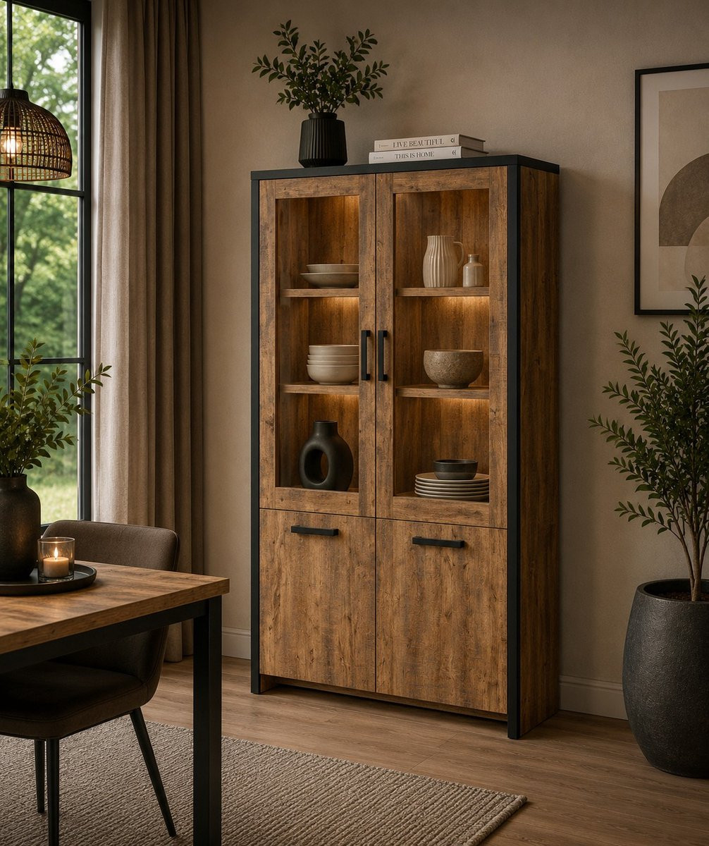 Belfurn Vitrinekast Eunice in decor mango bruin en zwart