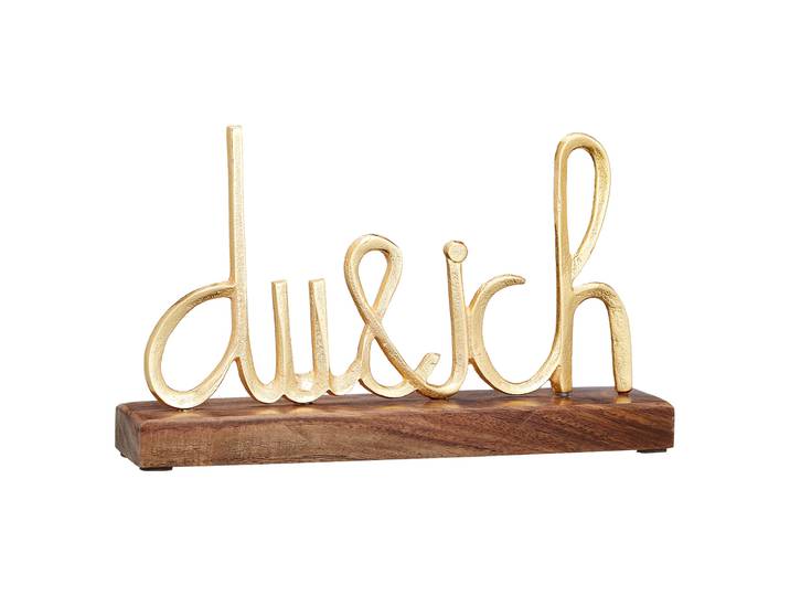 Schriftzug du und ich, Aufsteller Mangoholz und Aluminium, braun, gold, 25 x 15 x 5 cm