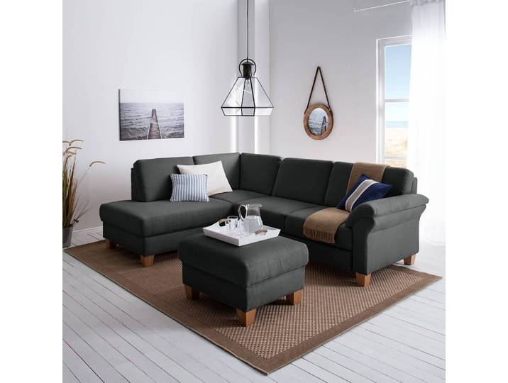 Ecksofa Microfaser Grau/Dunkelgrau Webstoff 249 x 87 x 189cm Ottomane davorstehend links ohne Schlaffunktion Natur