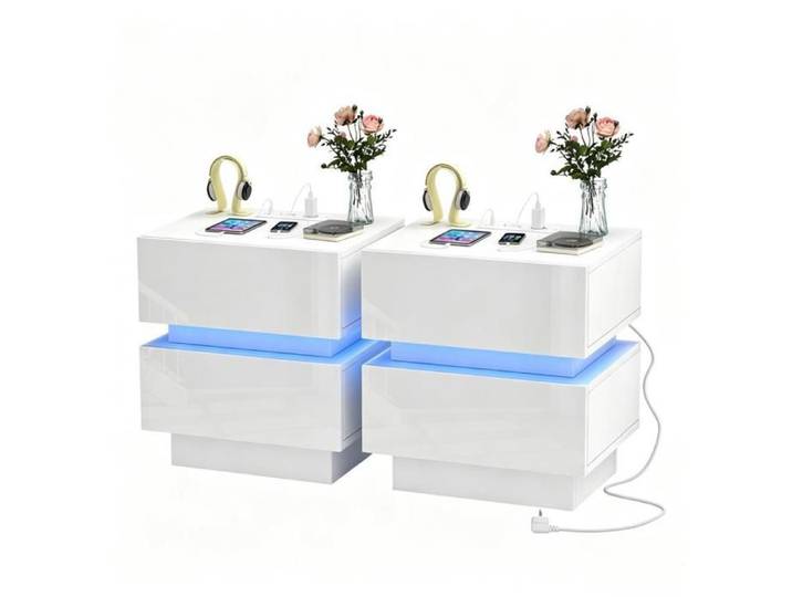 Chleby Lot de 2 tables de chevet blanc laqué brillant avec bande LED et port USB 2 tiroirs rangement chambre Design Moderne H 46
