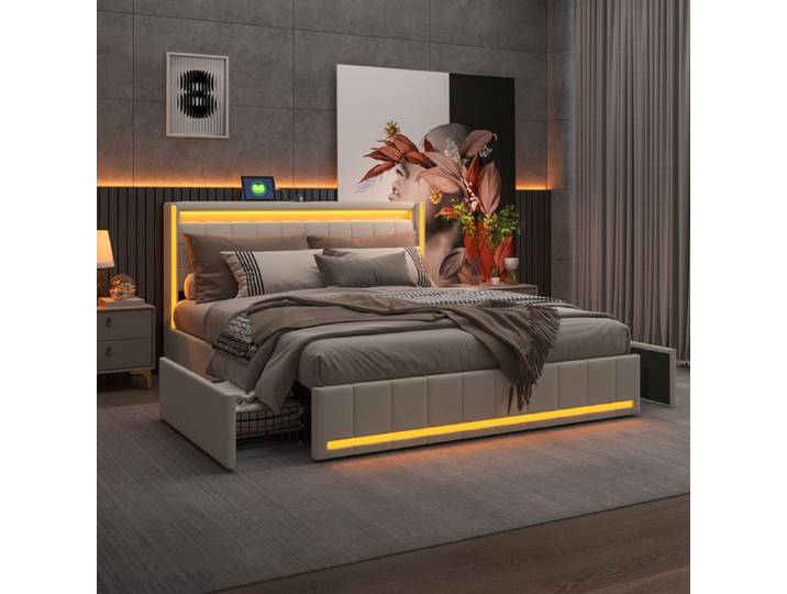 Structure de lit - SUNFECILI - SUNFECILI - 160x200 cm - 4 tiroirs - LED et USB