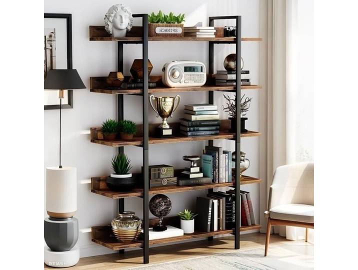 Bibliothèque Industrielle à 5 Niveaux étagère échelle étagère de Rangement Cadre Acier Assemblage Facile étagère 180cm Rustique