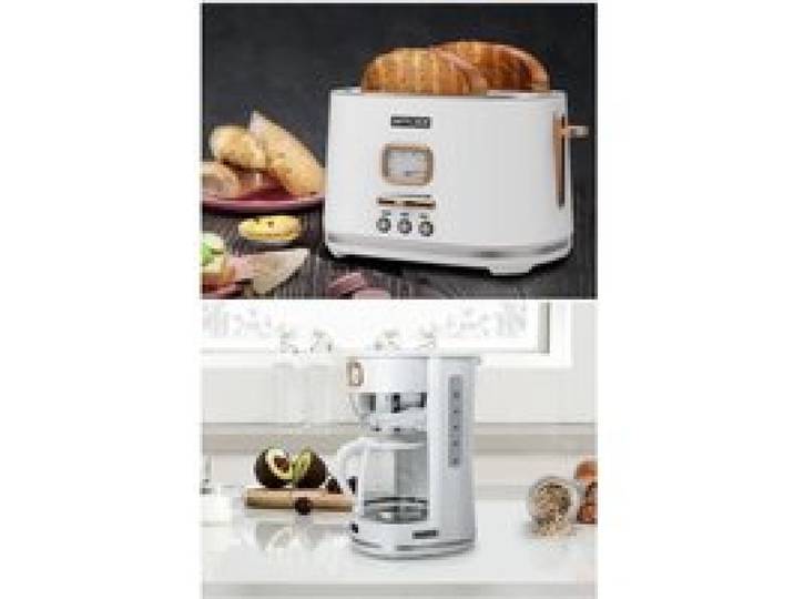 PACK CAFETIERE RETRO VINTAGE SANS FIL 1000W BLANCHE DORE + GRILLE-PAIN BLANC DORE 1800W 2 FENTES BLANC