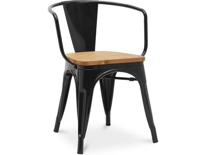Chaise de salle à manger avec accoudoir Bistrot Metalix design industriel en Métal et bois clair - Nouvelle édition Noir