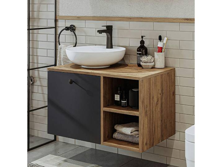 Meuble Vasque Rond Décor Pin Et Gris 1 Tiroir Tima