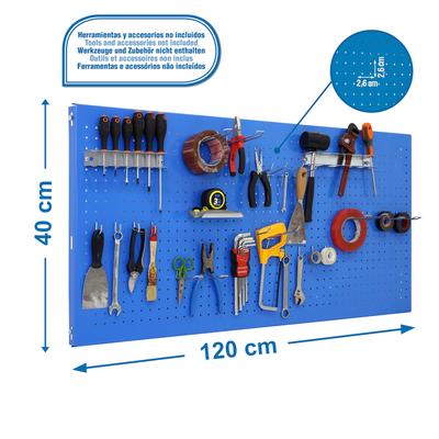 SimonRack Perforierte Metallplatte für Werkzeuge 1200x400 BLAU + 22 Haken + 3 Zubehör