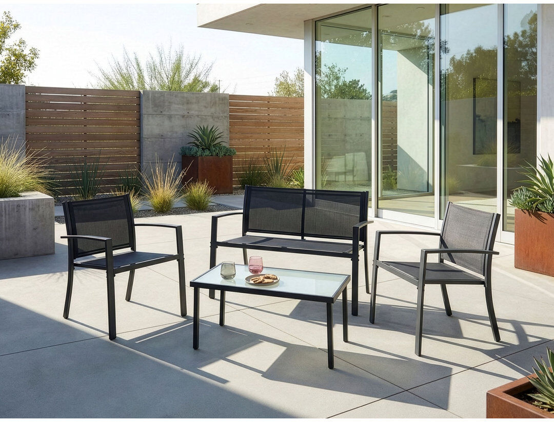 Dakota Fields Garden Lounge Set with Table 4 Seater Castone Metal Dark Grey Dark Grey 4