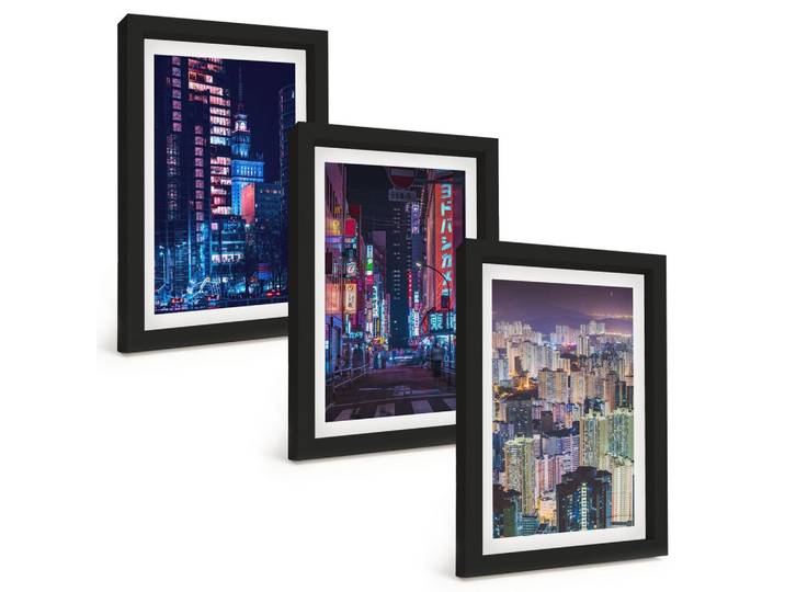 BILDER SET 3er Set - 20x30 cm Schwarzer Rahmen - Neonlichter der nächtlichen Stadt