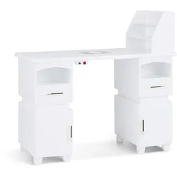 Barberpub Manikürtisch mit 2 Schubladen, Nageltisch mit Absaugung Weiß, Nagelfrisiertisch aus Holz, 4 Schrank, Regal, 2 Staubsaugerbeutel, Schreibtisch für Nagelstudio, 55x120x112,5cm, 2456