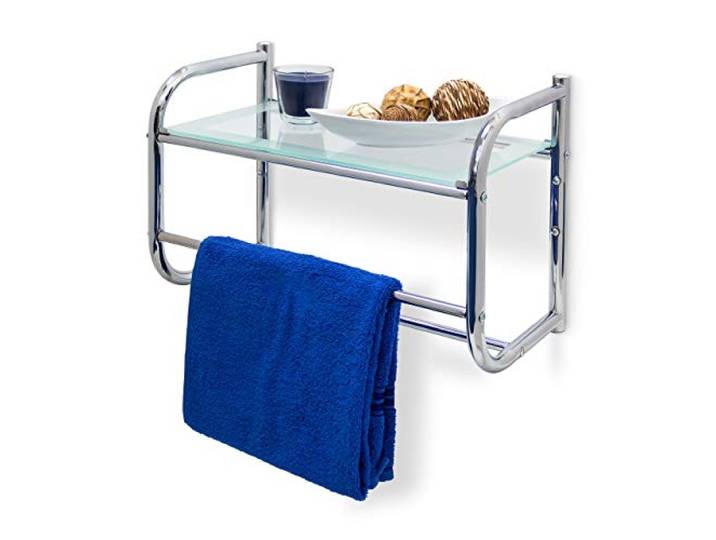 Relaxdays Étagère murale en acier inoxydable avec 2 porte-serviettes et Plateau en verre Rangement salle de bain Inox HxlxP: 34 x 45 x 23 cm salle d'eau\, argenté