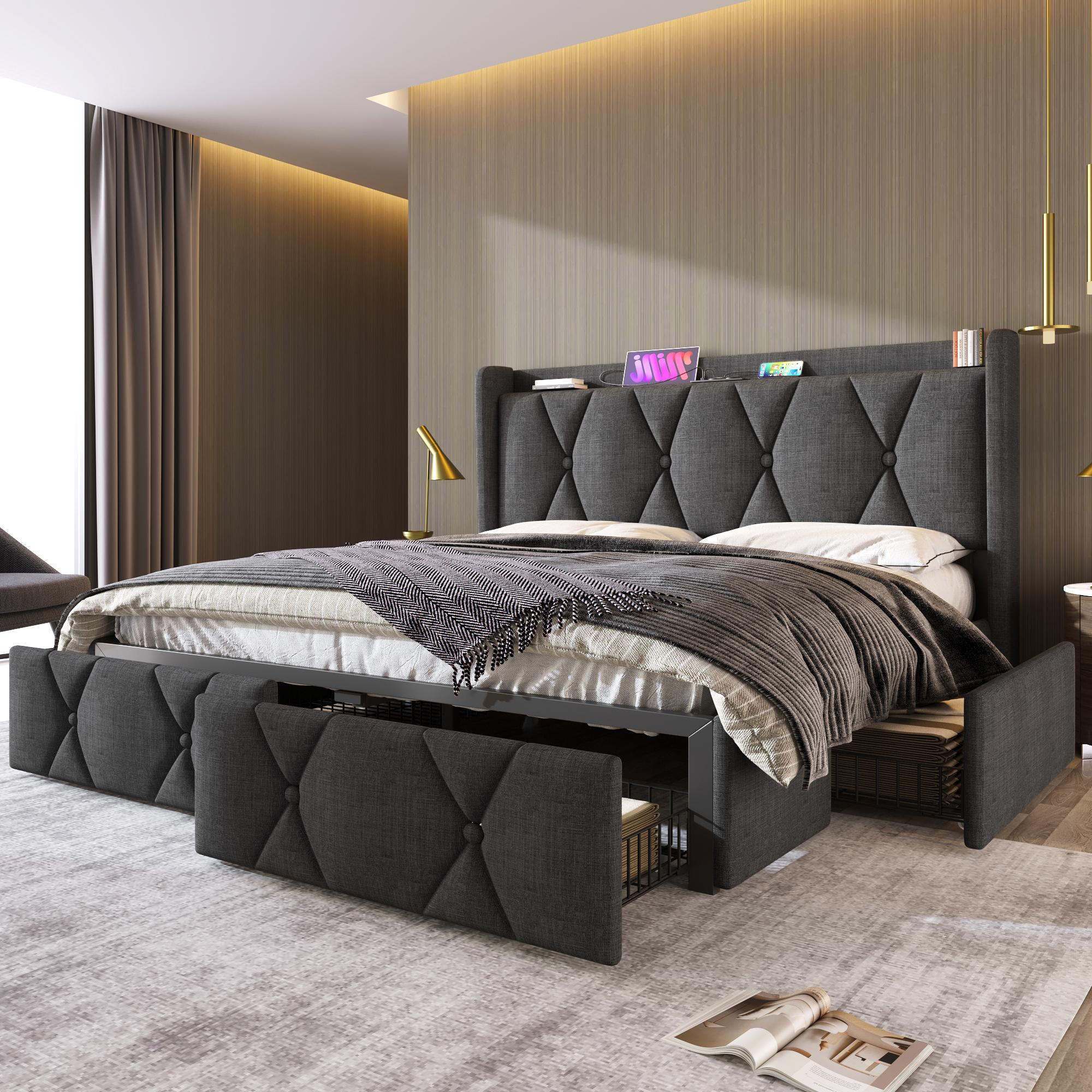 Polsterbett mit aufladen USB Ladefunktion Kopfteil und 4 Schubladen,Doppelbett 160x200cm Stauraumbetten Bettgestell, Lattenrost aus Holz
