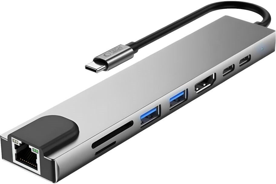 Tech-Protect 8-i-1 USB-C Multiport Adapter med 1 X SD/TF Kortlæser 2 X USB-A 1 X HDMI 2 X USB-C 1 X RJ45 - Grå