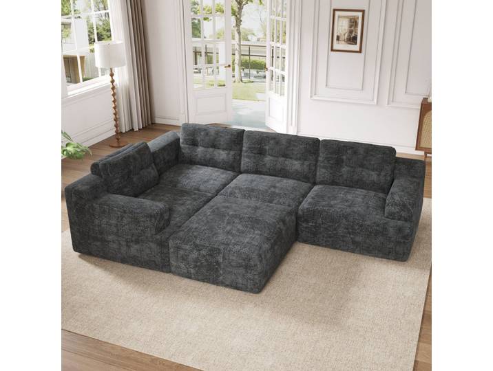 OKWISH Schlafsofa Modulares Kombinationssofa als L- oder U-Form, rahmenlose Vollschaum-Konstruktion, ohne Montage 1 Teile, Grau, 252x180x82cm, Chenille