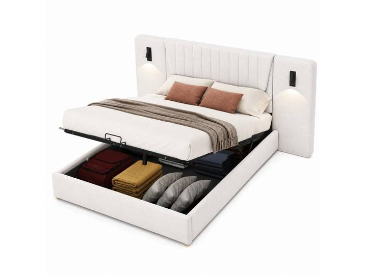 Evryae Polsterbett 180/200 mit Bettkasten, Leselampen, USB und Samtbezug in Beige, 180x200 cm, Schlafzimmer, Betten, Polsterbetten