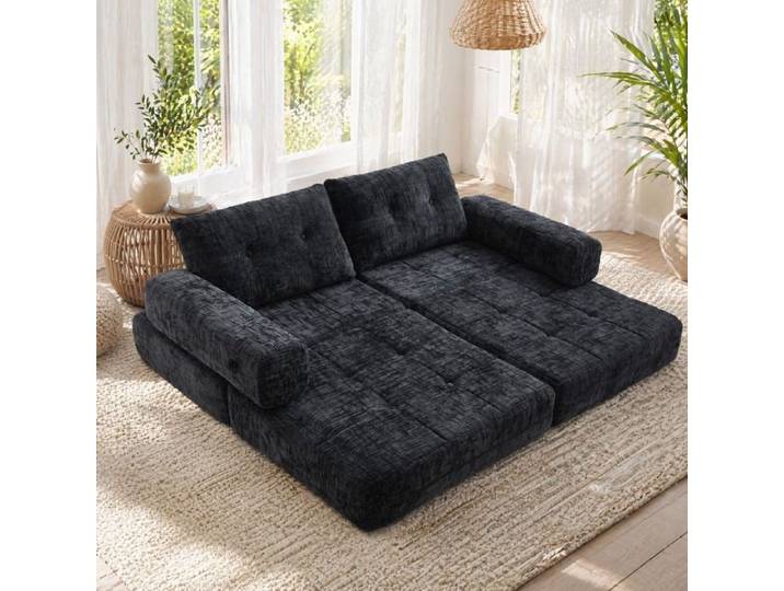 MEULVA Canapé convertible 1 place pliable en chenille noir avec coussins 79 x 79 x 57 cm convertible