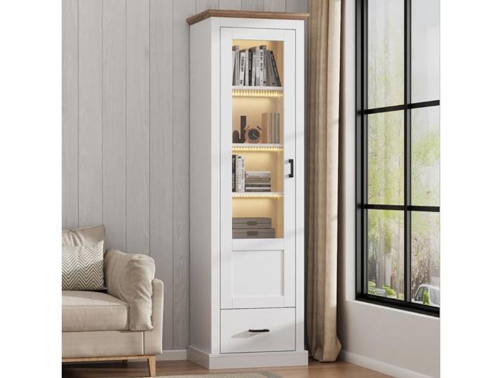 Vitrine haute blanche mat 178cm panneau de particules verre trempé éclairage USB salon