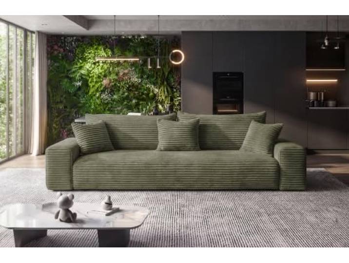 SOFILAND Cordo Schlafsofa 265×150 cm mit Bettkasten – Cord Sofa TILIA Breitcord, SoftTouch Komfort, 3-Sitzer Couch, abnehmbare Kissen, Easy Clean & Pet Friendly (Hellgrün)