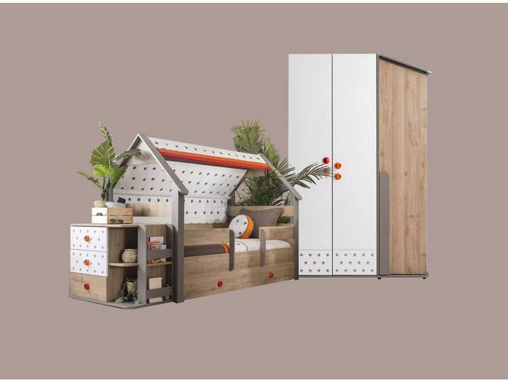 Möbel-Zeit Jugendzimmer-Set Kinderzimmer Set Hut mit Hausbett, 4-tlg