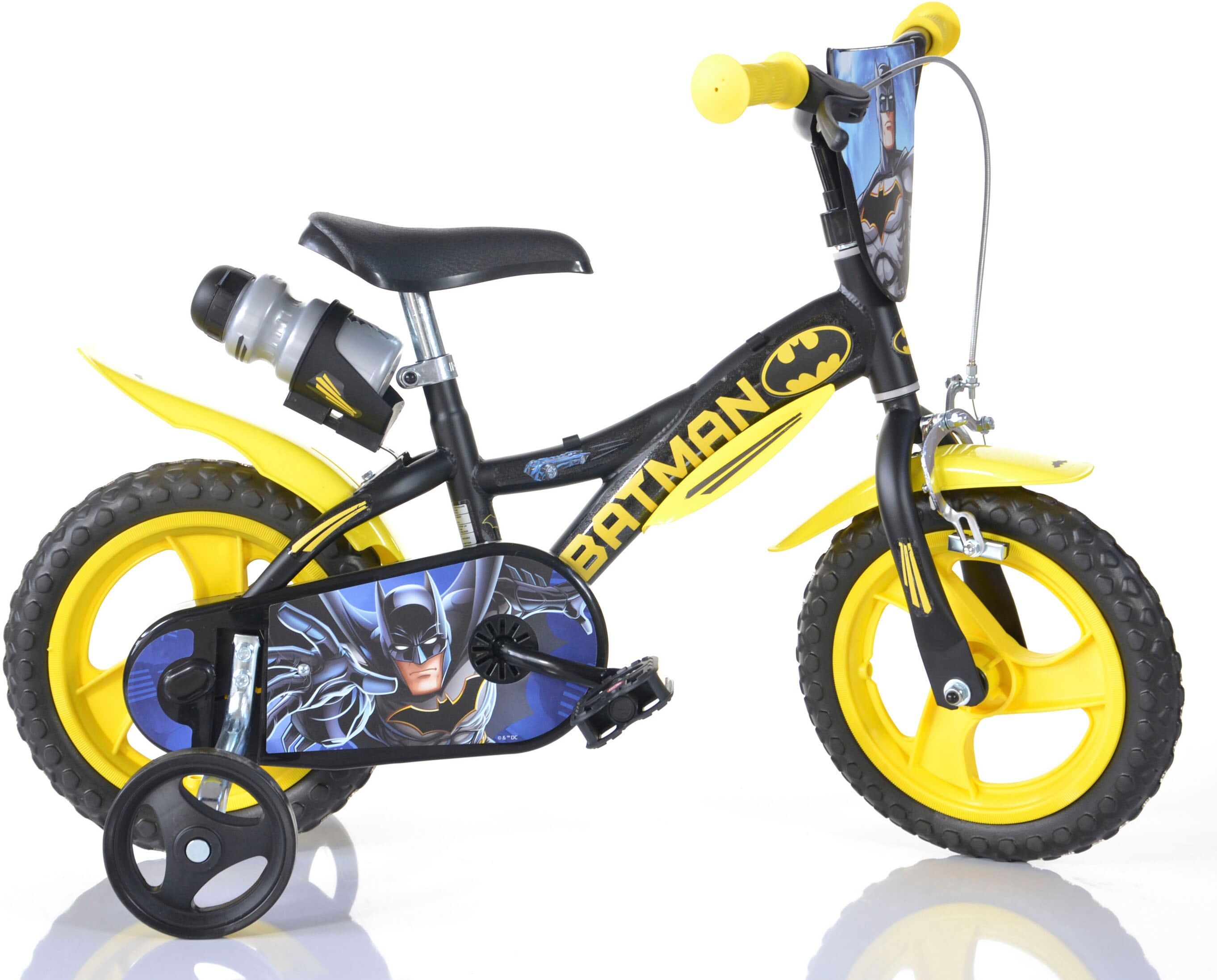 Kinderfahrrad DINO BIKES "12" Batman stabiler Stahl-Rahmen, Stützräder, kindgerecht" Gr. 21, schwarz, Fahrräder, Kinder, 21cm, 12 Zoll (30,48cm), Kinderfahrrad, mit Stützrädern, Trinkflasche und Frontschild schwarz 21cm, 12 Zoll (30,48cm)