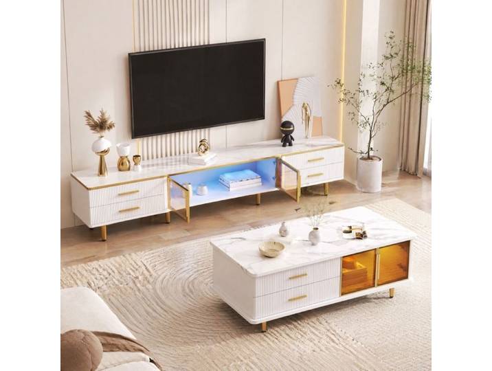Ensemble Meuble TV et Table Basse - WOVREO - LED multicolore - verre trempé - effet marbre - blanc et or