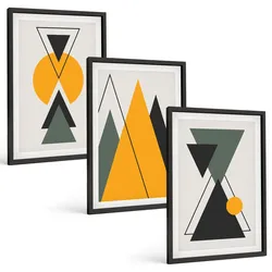 BILDER SET 3er Set - 40x60 cm Schwarzer Rahmen - Abstrakte geometrische Formen