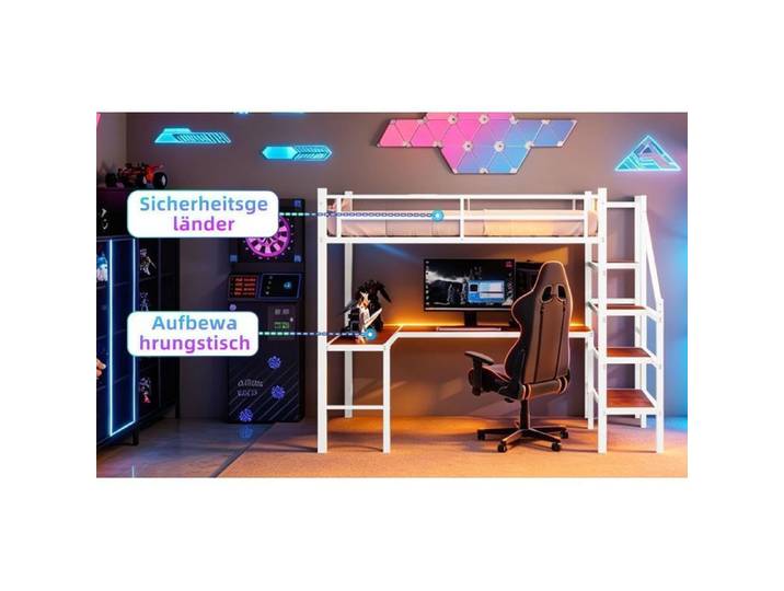 Lit mezzanine 90x190 avec bureau en L et étagères blanc
