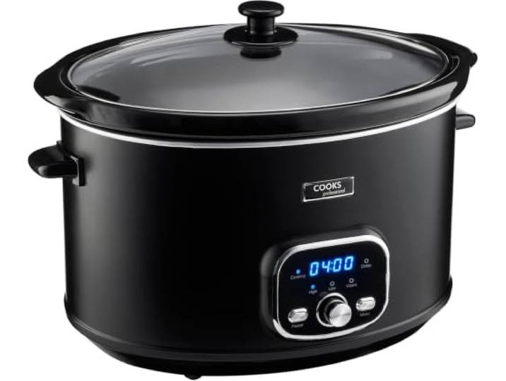 Cooks Professional Digitaler Schongarer Slow Cooker 8 Liter mit Glasdeckel, spülmaschinenfestem Innentopf, 2 Heizstufen sowie Warmhalte- und Zeitvorwahlfunktion Extra Großer One-Pot-Kocher Schwarz
