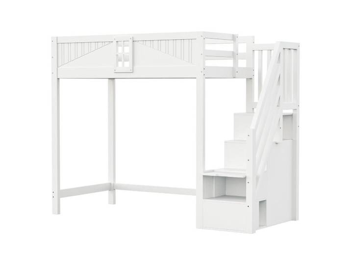 ComfortXL Hochbett 90/200 cm De-01444, in Weiß, mit Sicherheitstür und Stauraumleiter, Holz, 90x200 cm, Babymöbel & Kindermöbel, Kinderzimmer & Jugendzimmer, Kinderbetten, Hochbetten