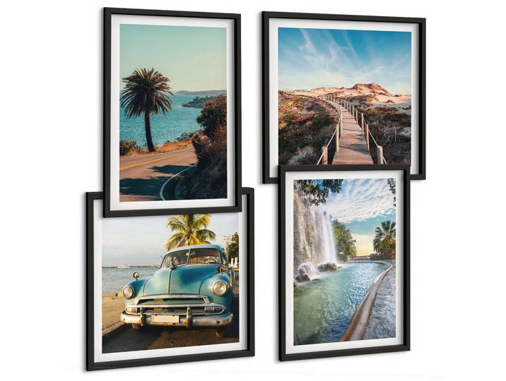 Tulup Bilder SET 4er Set - 50x50 cm & 40x60 cm Schwarzer Rahmen - Urlaub Palmen Wasserfall, Kunststoff, Rechteckig, 50x50 cm, Fotografie, Bilder & Rahmen, Bilder