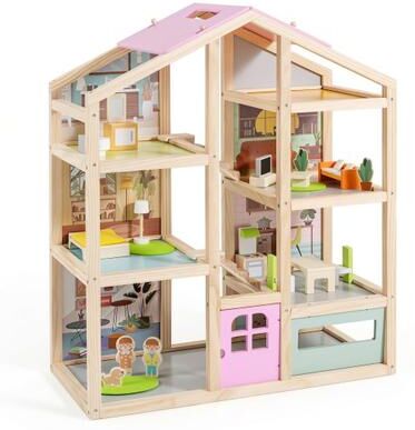 Costway Wooden Dollhouse for Kids Modern Family Pretend Playhouse with Furniture Pieces and Figures-Pink