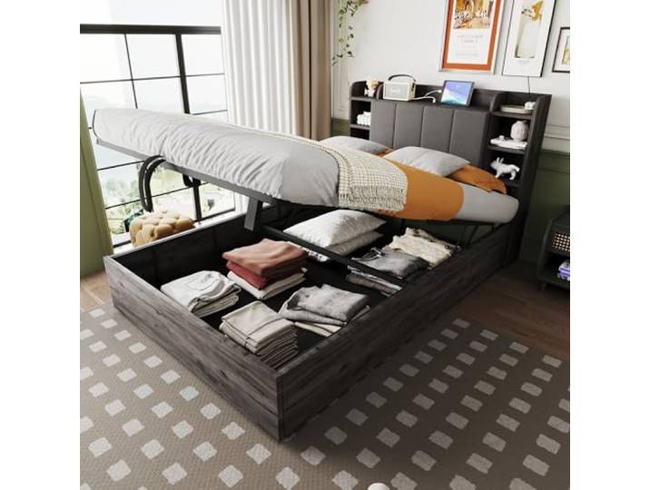 Ball & Cast Stauraumbett (140x200cm) mit Hydraulisch Stauraum, Doppelbett mit USB- und Tape-C-Steckdose, Einfach & Zeitsparend Montierbar, Grau