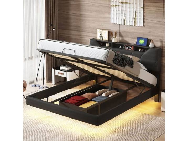 Lit coffre - DREAMMESPACE - 140x200cm - Noir - LED - Tiroirs de rangement