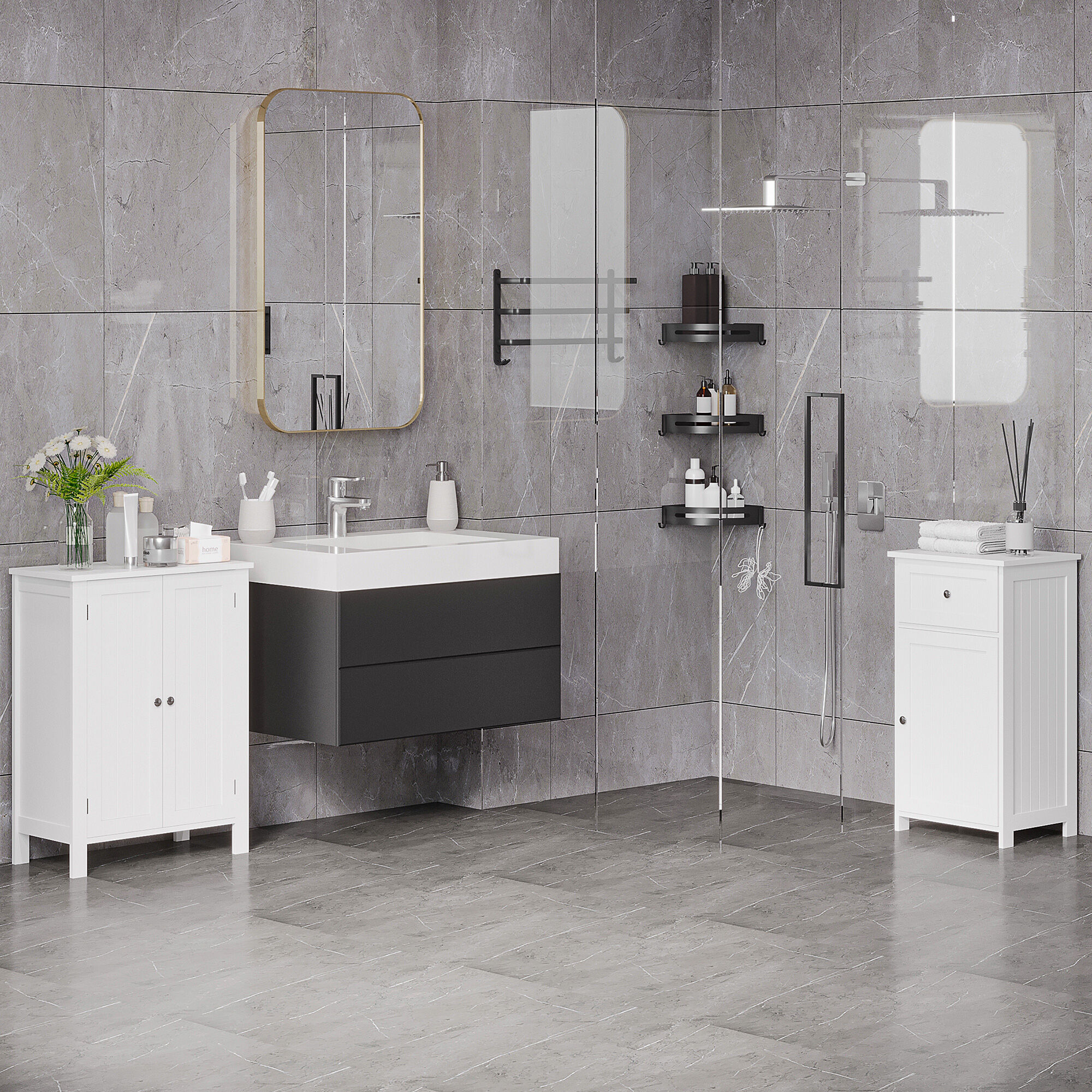 Altro Mobiletto Da Bagno Salvaspazio, Armadietto Da Bagno Multiuso Con Armadietto 2 Ripiani 2 Ante Maniglie In Mdf 60 X 30 X 80cm Bianco
