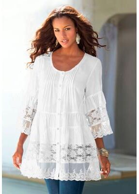 Plus Size Women's Lace Illusion Blouse by Roaman's in White (Size 34 W) Long Shirt Blouse