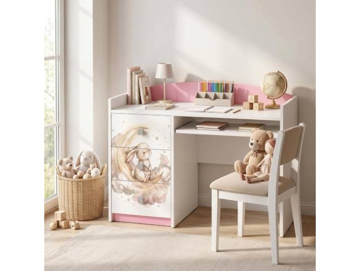 Happy Babies Rosa Kinderschreibtisch mit Schublade und Schrankfach, Schülerschreibtisch Hausaufgabentisch für Mädchen, Computertisch mit Motiv (Nr 395)