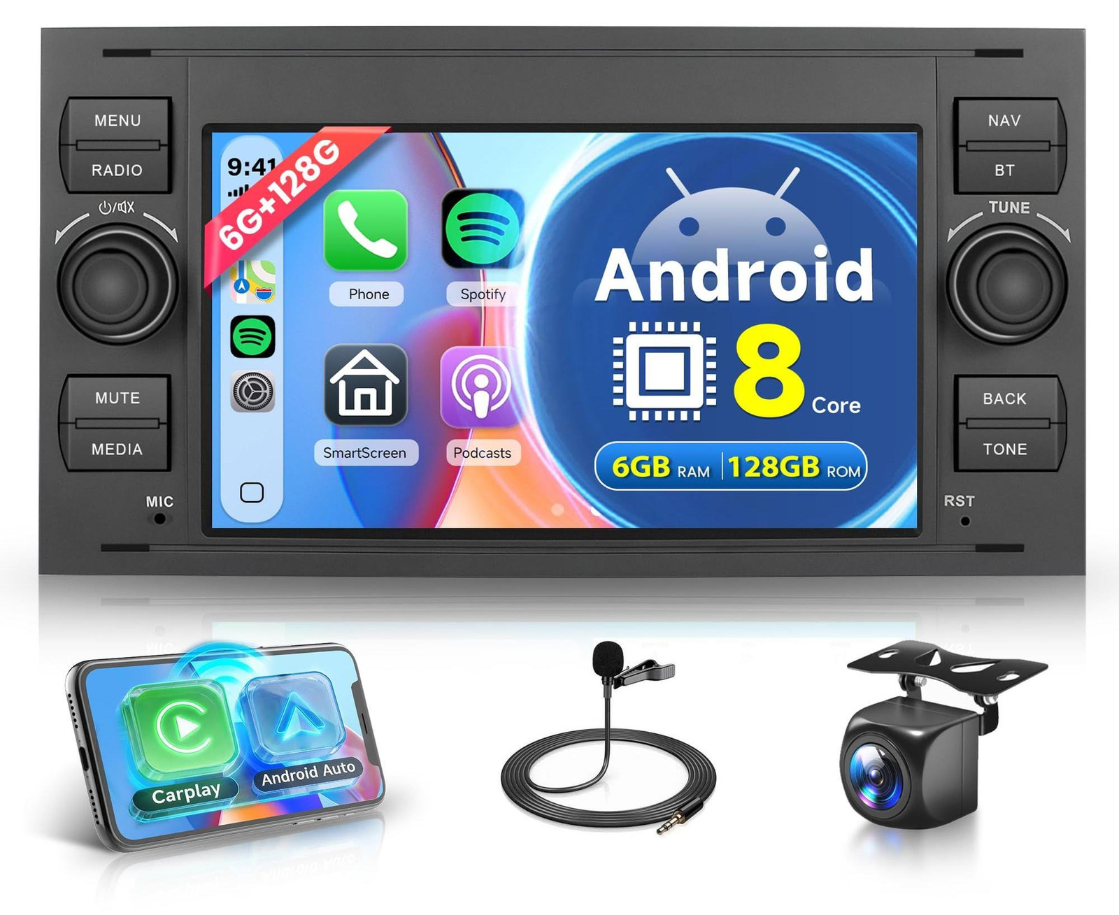 Android Autoradio met 8-core processor, 6GB RAM en 128GB opslag voor Ford Focus, C-Max, S-Max, Kuga, Fiesta, Transit en Fusion