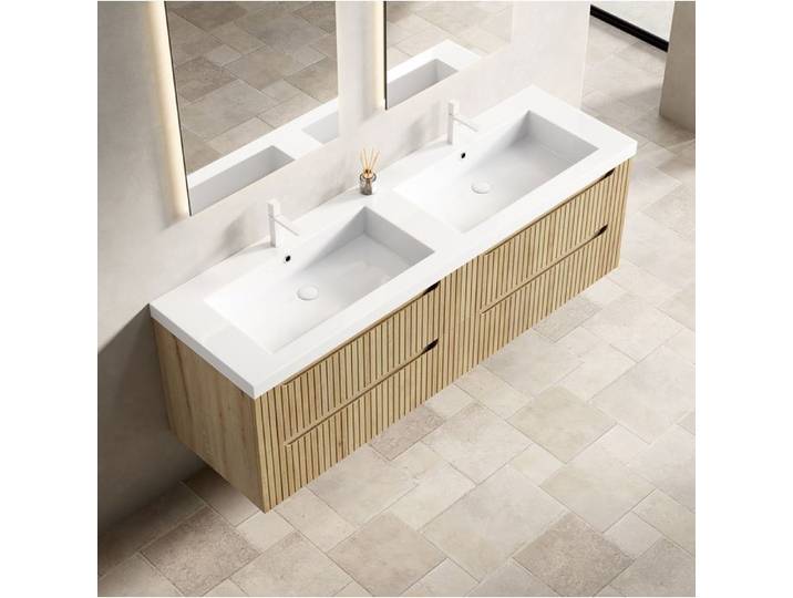 MEULVA Meuble sous vasque suspendu 160 cm double vasque intégrée 4 tiroirs chêne clair et blanc