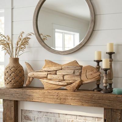 Sagebrook Home "Decorative Teak Wood Sculptural Fish Figurine - 32"", Brown & Tan - 31.5"""