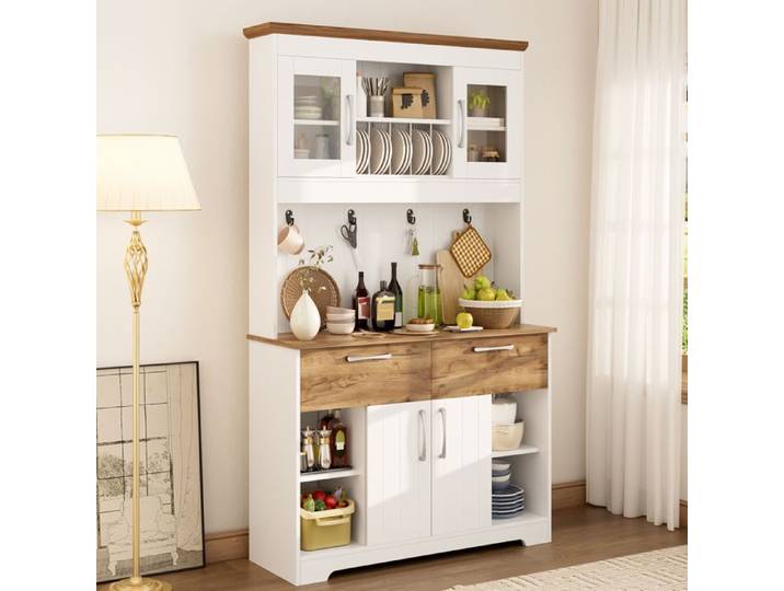 Buffet blanc et bois - Buffet de cuisine moderne avec vitrines 2 tiroirs et crochets