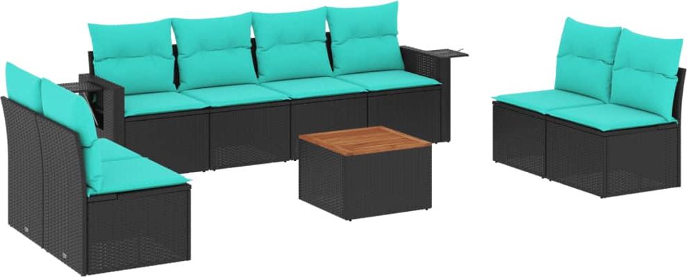 9-teiliges Gartensofa-Set mit Kissen, schwarzes Polyrattan